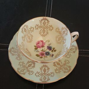 Vintage Royal Grafton Mint Green Gold Floral Tea Cup & Saucer Made in England